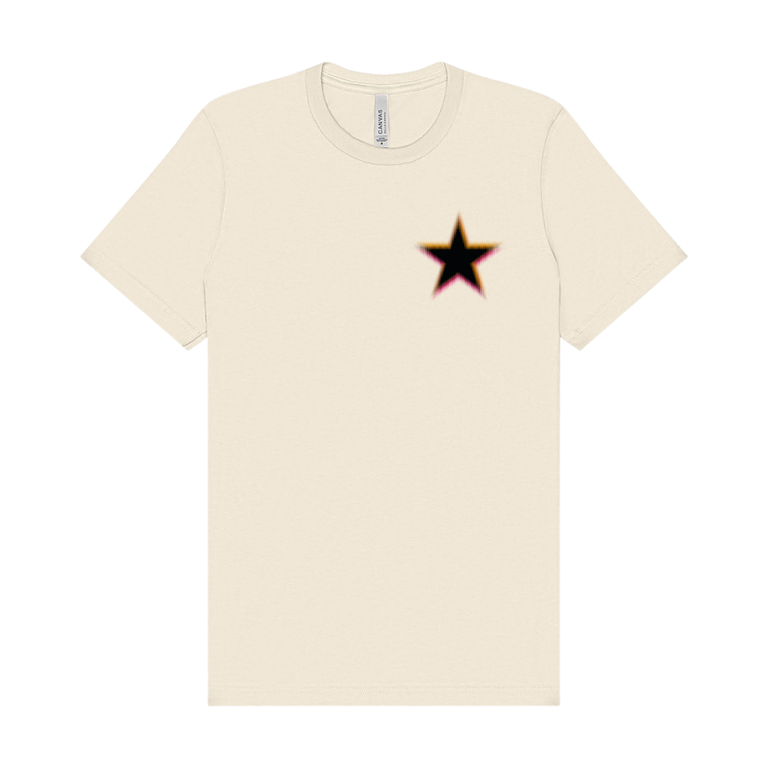 The Heavyweight Unisex Crewneck T-shirt | Gildan® 5000 Natural by Event Merch (National Merchandise) is a cream classic-fit tee in durable cotton, featuring a minimal black star with pink outline on the left chest for timeless style.