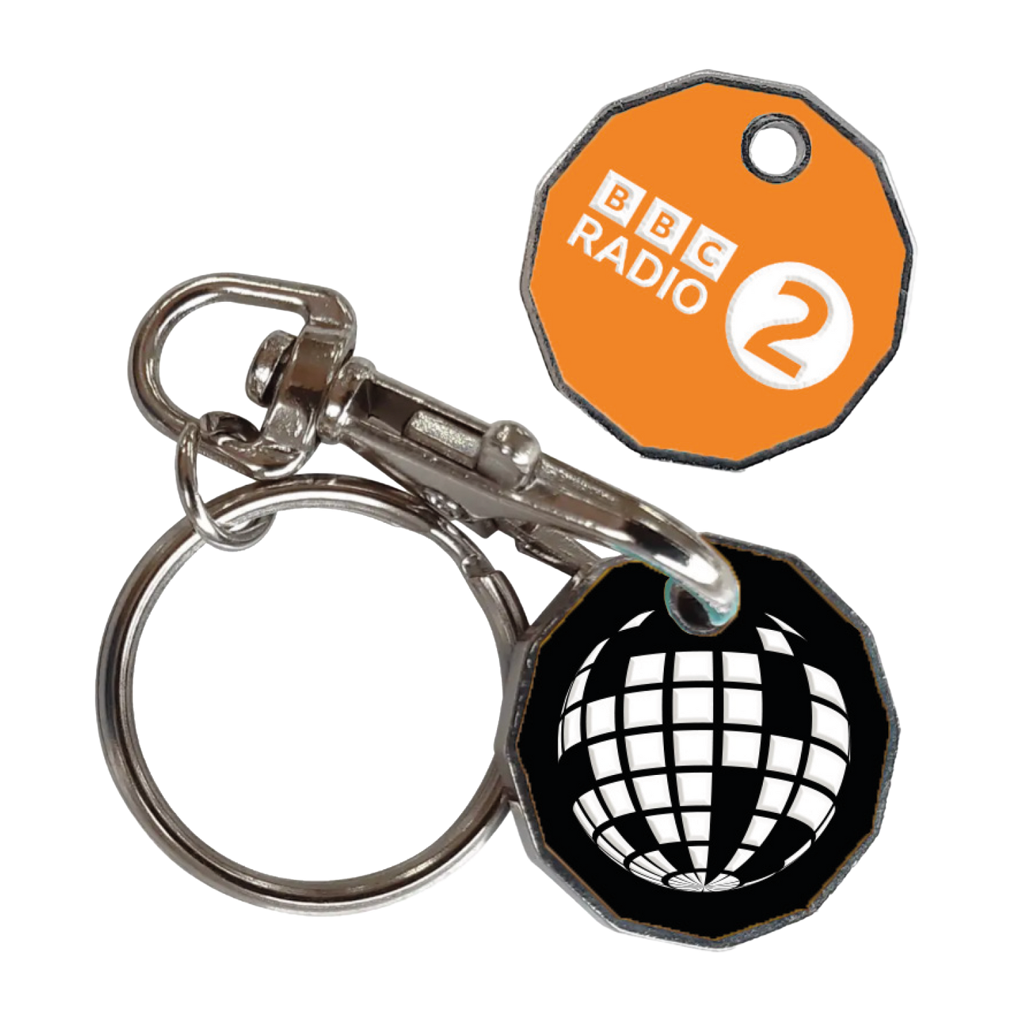 The 2025 Radio 2 In The Park Trolley Token features two tokens—one orange with the BBC Radio 2 logo, one black with a white globe—attached to a metal keyring and clasp.