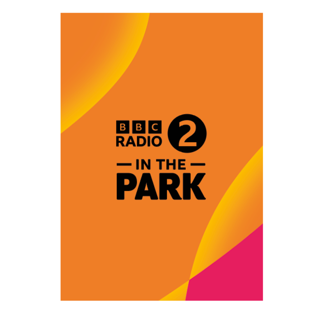 Bright orange tea towel featuring “BBC Radio 2 In The Park” in bold black text at the center, with yellow and pink curved shapes on the corners. From Event Merch by National Merchandise.