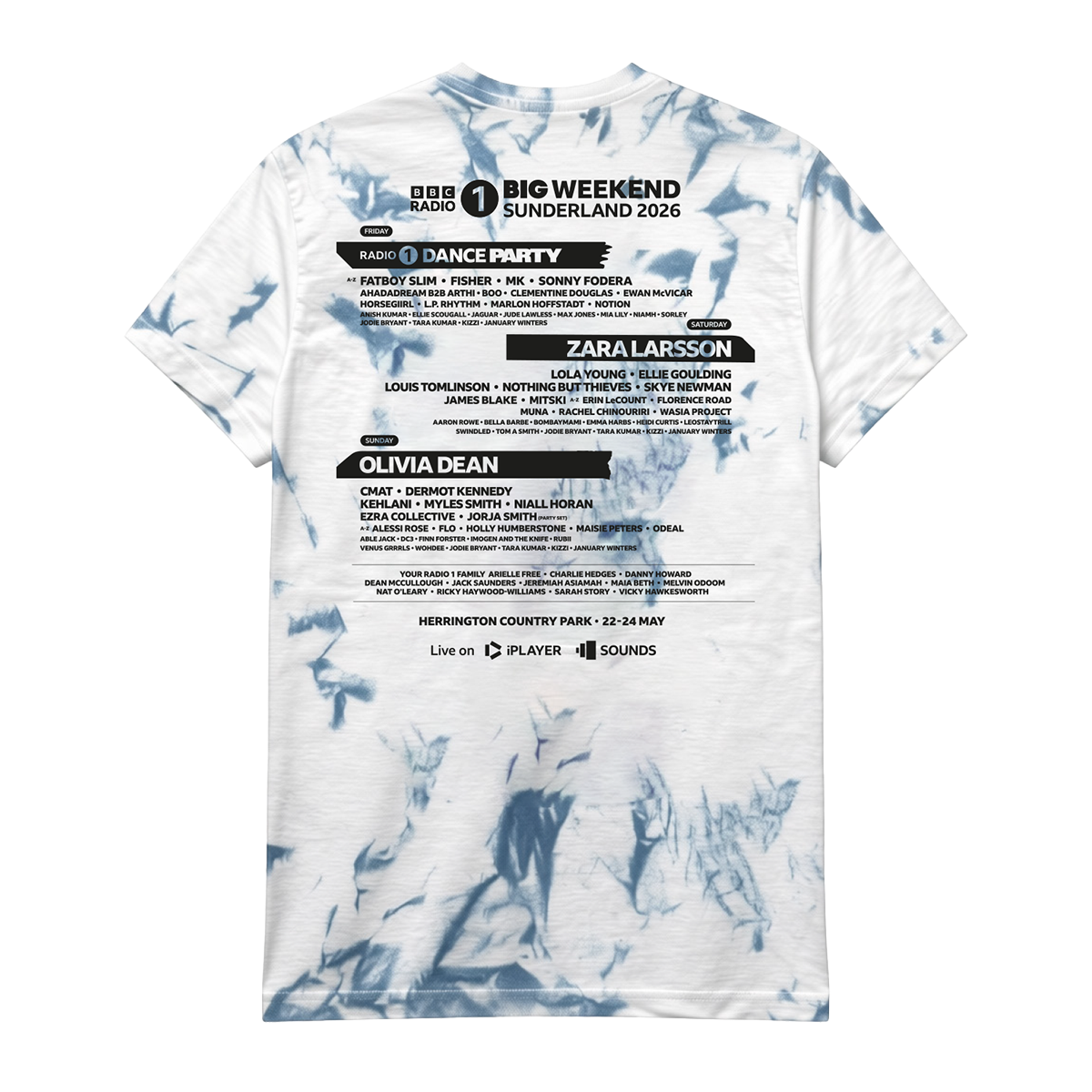 The BBC Radio 1 Radio 1's Big Weekend 2026 Tie Dye Line Up T-Shirt features a white and blue tie-dye design with the event lineup, artist names, details, and sponsor logos printed in black on the back.