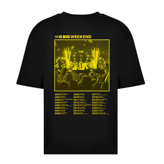The BBC Radio 1's Big Weekend Cities Oversized T-Shirt Black features a yellow concert crowd and fireworks graphic, with "Big Weekend" text above and city names from 2003 to 2024 in yellow below.
