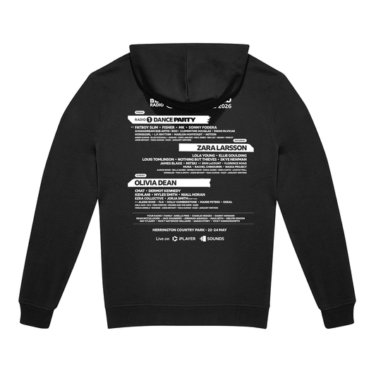 The BBC Radio 1 Radio 1's Big Weekend 2026 Line Up Hoodie is a black hoodie with the festival lineup, headliners like Zara Larsson and Olivia Dean, event details, dates, and supporting acts printed in white on the back.