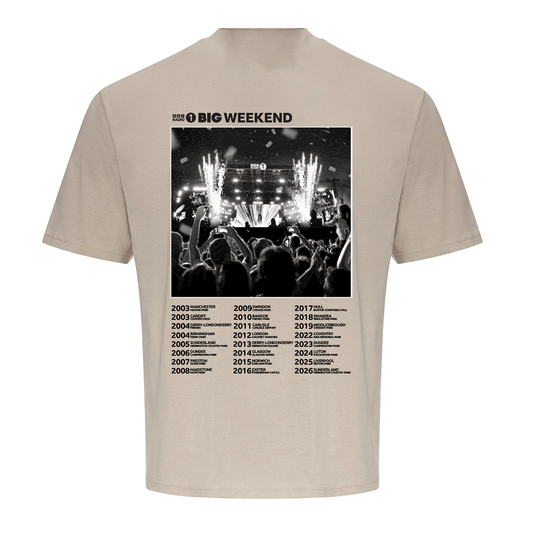 The BBC Radio 1 Radio 1's Big Weekend Cities Oversized T-Shirt in Natural features a black-and-white concert crowd and stage with fireworks, "BIG WEEKEND" text above, and city names with years in a grid below.