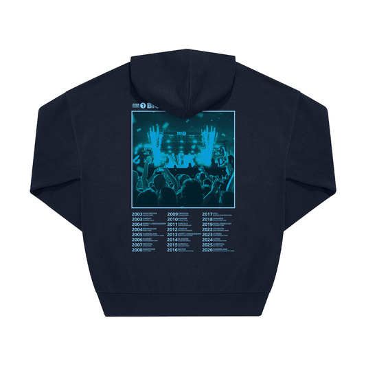 The BBC Radio 1 Radio 1's Big Weekend Cities Hoodie Navy features a concert crowd graphic with blue tint, stage lights, and years listed below the image on the back.