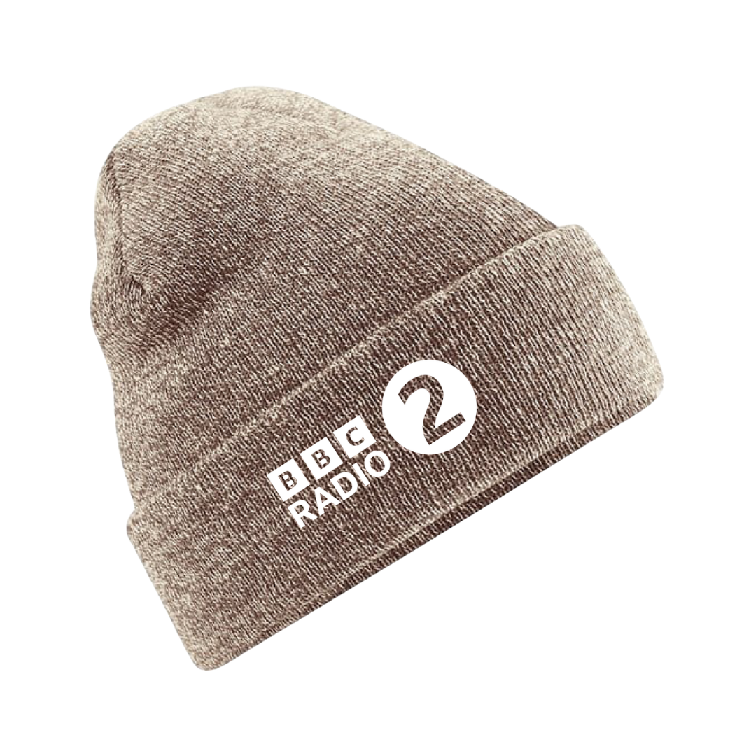 A gray cuffed beanie from the BBC Radio 2 Click & Collect 2026 collection, featuring the BBC Radio 2 in the Park logo in white on the front.