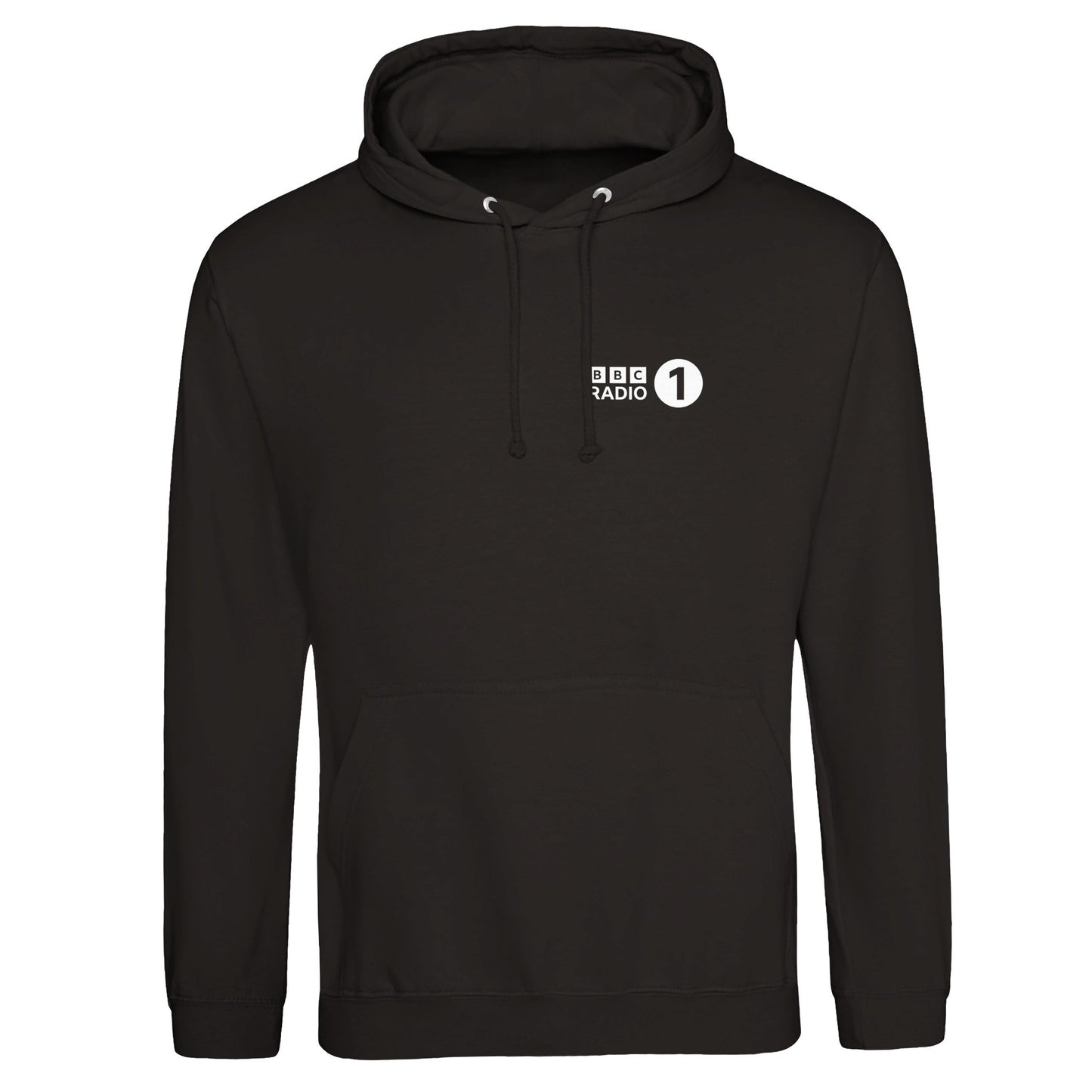The Radio 1s Big Weekend 2025 Line Up Hoodie by Event Merch brought to you by National Merchandise is a black unisex hoodie with a front pocket, small white BBC RADIO 1 logo, drawstring hood, long sleeves, and sustainable materials.