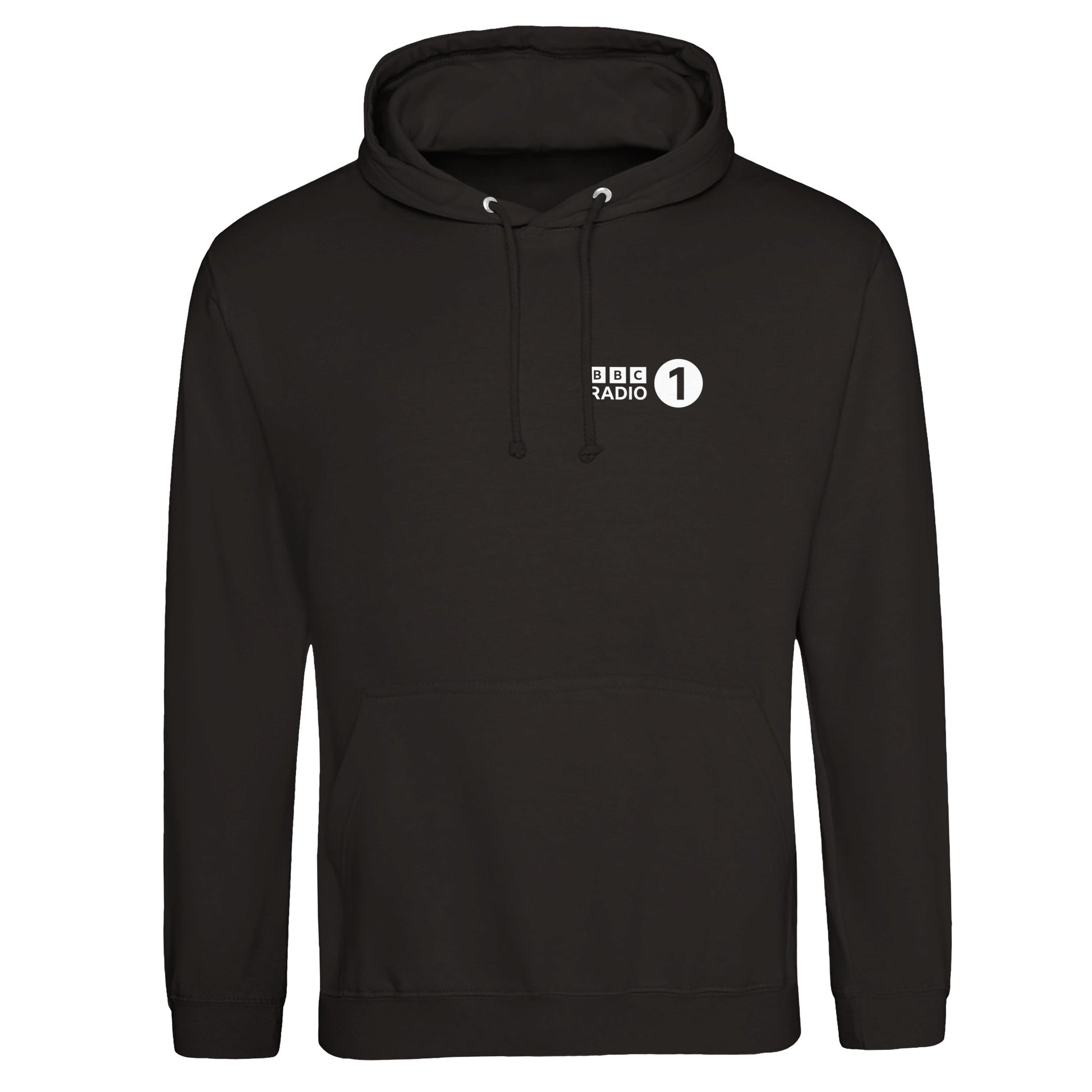 The Radio 1s Big Weekend 2025 Line Up Hoodie by Event Merch brought to you by National Merchandise is a black unisex hoodie with a front pocket, small white BBC RADIO 1 logo, drawstring hood, long sleeves, and sustainable materials.