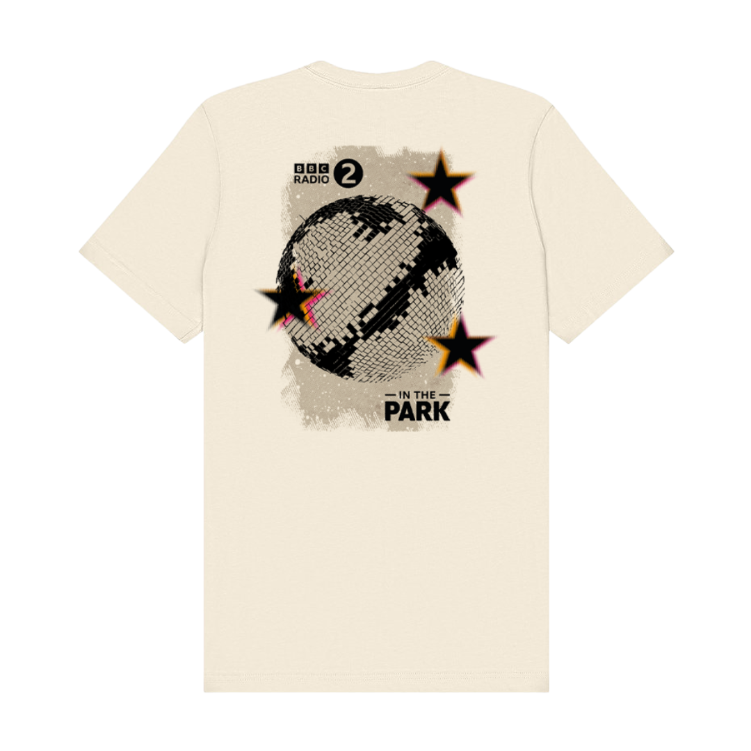 Back of the Gildan® 5000 Natural Heavyweight Unisex Crewneck T-shirt by Event Merch x National Merchandise features a large pixelated disco ball, colorful stars, BBC Radio 2 logo, and IN THE PARK text. Classic fit and durable cotton.