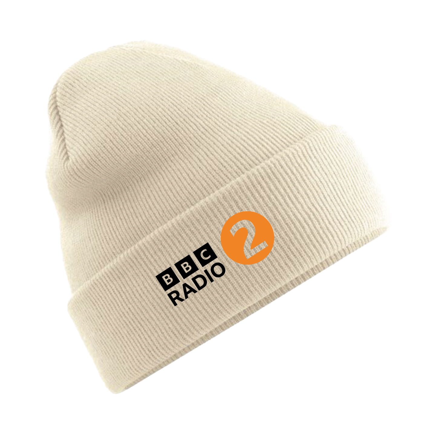 The Radio 2 In The Park Beanie Hat - Sand by 2025 is a cream-colored knit hat with the BBC Radio 2 logo on the front, featuring black text and an orange circle with the number 2 inside.