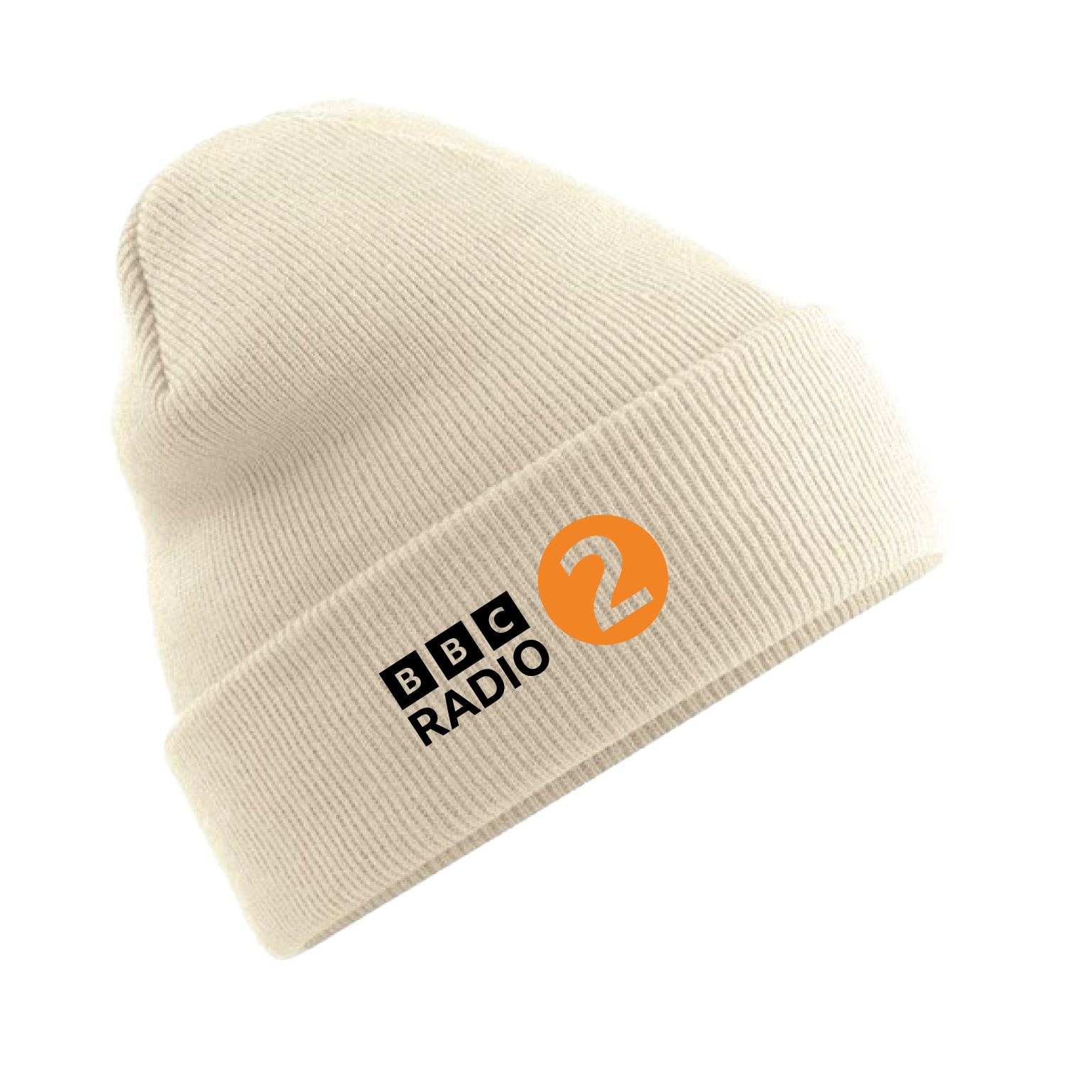 The Radio 2 In The Park Beanie Hat - Sand by 2025 is a cream-colored knit hat with the BBC Radio 2 logo on the front, featuring black text and an orange circle with the number 2 inside.