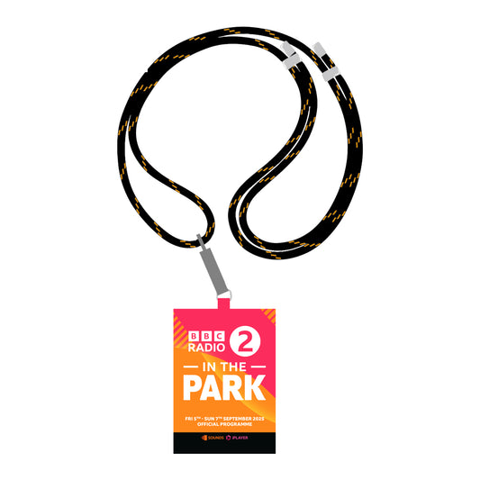 A black lanyard with yellow accents from Brand Name: 2025 holds a Radio 2 In The Park Phone Lanyard With Laminate, featuring an orange and yellow event design.