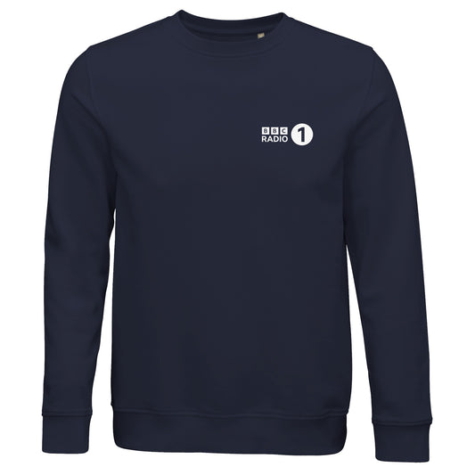 Front view of a navy blue crewneck sweatshirt featuring the BBC Radio 1 logo in white on the left chest. 