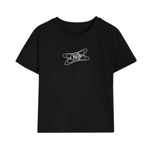 The BBC Radio 1's Big Weekend Dance Micro Rib Baby T-shirt is a black tee with a white minimalist atom illustration and the number 19 at the center on the chest.