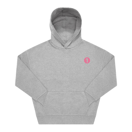 The BBC Radio 1 "Big Weekend Cities" Hoodie in grey features a small pink circle with the number 1 on the upper left chest, a front pocket, and long sleeves.