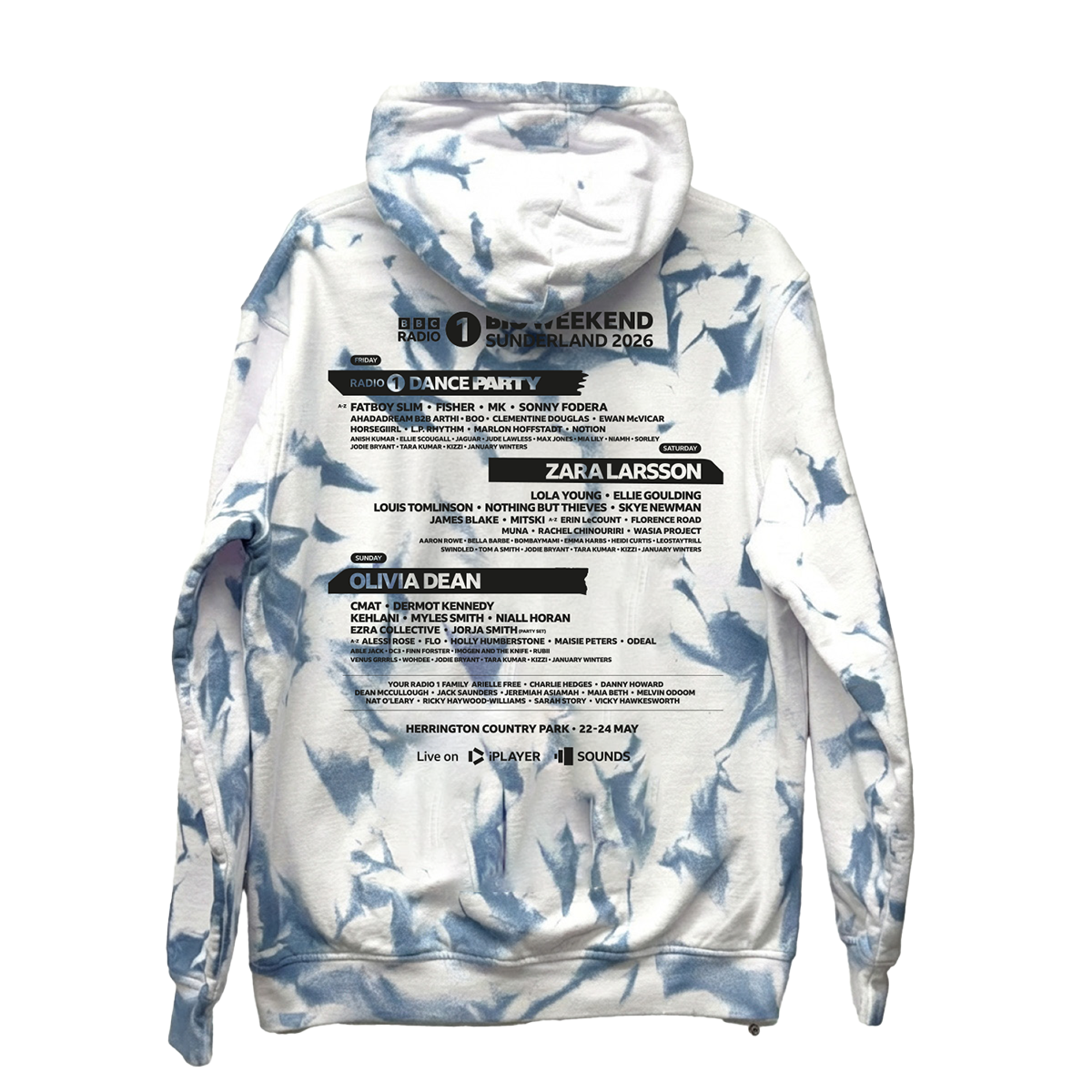 BBC Radio 1's Big Weekend 2026 Tie Dye Line Up Hoodie features a white and blue tie-dye design with the artist lineup, event details, and dates for the music festival printed on the back.