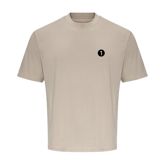 The BBC Radio 1's Big Weekend Cities Oversized T-Shirt Natural is a beige short-sleeve tee featuring a small black circle with the number 1 on the left chest.