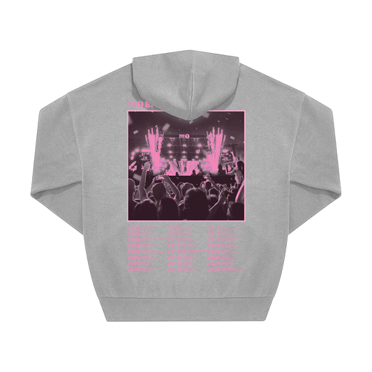 The BBC Radio 1's Big Weekend Cities Hoodie Grey features a large pink concert crowd image and tour dates on the back, with fans' raised hands facing a brightly lit stage.