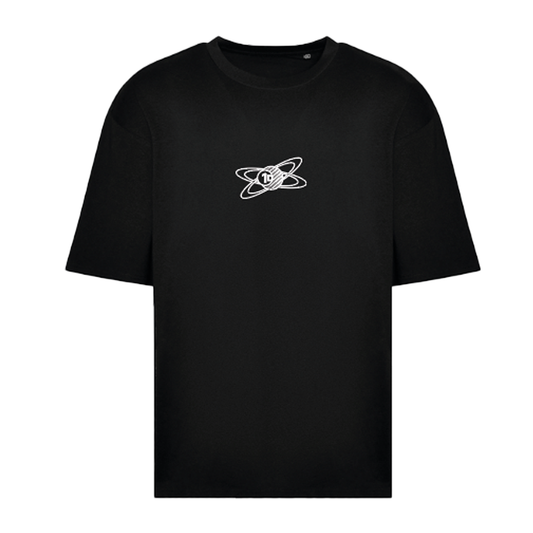 The Radio 1's Big Weekend Dance Oversized T-shirt by BBC Radio 1 is a black short-sleeve top with a small white atom-like design featuring the number 19 at the center, printed on the chest.