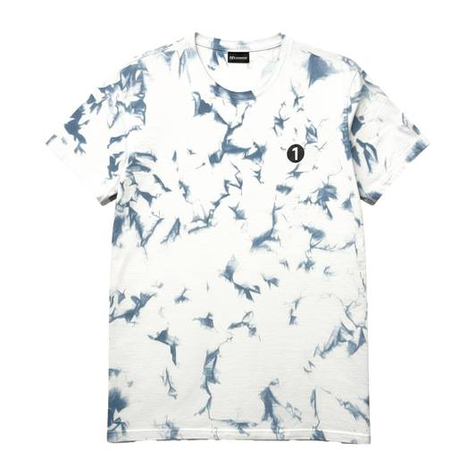 The BBC Radio 1’s Big Weekend 2026 Tie Dye Line Up T-Shirt features a white short-sleeve design with a blue tie-dye pattern and a small black circle with the number “1” on the left chest, laid flat on a white background.