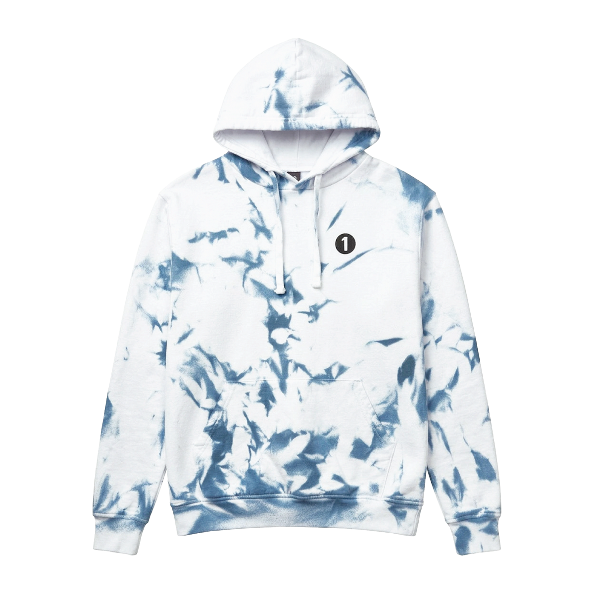 The BBC Radio 1 Radio 1's Big Weekend 2026 Tie Dye Line Up Hoodie features a white and blue tie-dye pattern, front pocket, hood with drawstrings, and a small black circle with the number 1 on the left chest.