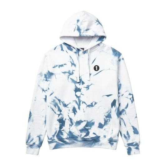 The BBC Radio 1 Radio 1's Big Weekend 2026 Tie Dye Line Up Hoodie features a white and blue tie-dye pattern, front pocket, hood with drawstrings, and a small black circle with the number 1 on the left chest.