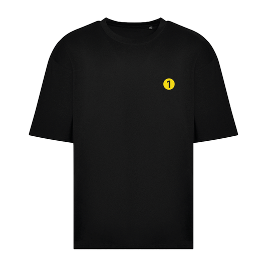 The BBC Radio 1's Big Weekend Cities Oversized T-Shirt Black features a small yellow circle with the number 1 on the upper left chest.