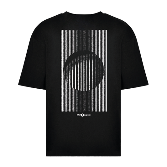 The BBC Radio 1 Radio 1's Big Weekend Dance Oversized T-shirt is a black tee with a bold rectangular back graphic of vertical white lines and a central black circle, creating an optical illusion. "REST DANCE." is printed at the bottom.