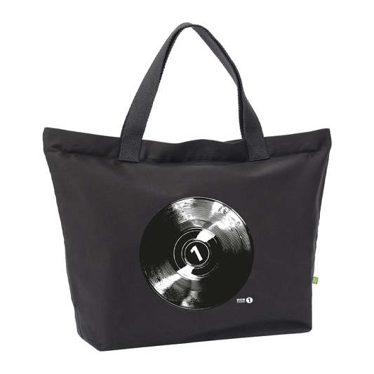 The BBC Radio 1 Radio 1's Big Weekend 2026 Vinyl Tote Bag is a black bag with two handles and a vinyl record graphic labeled "1" on the front.